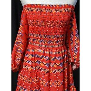 A Calin flying tomato Red off shoulder Geometric Pattern Boho Dress L   NWOT